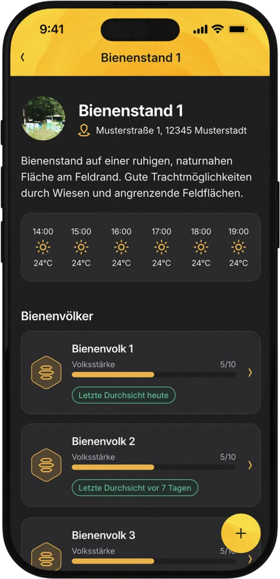 beenected-App: Bienenstand-Detailansicht mit Völkern