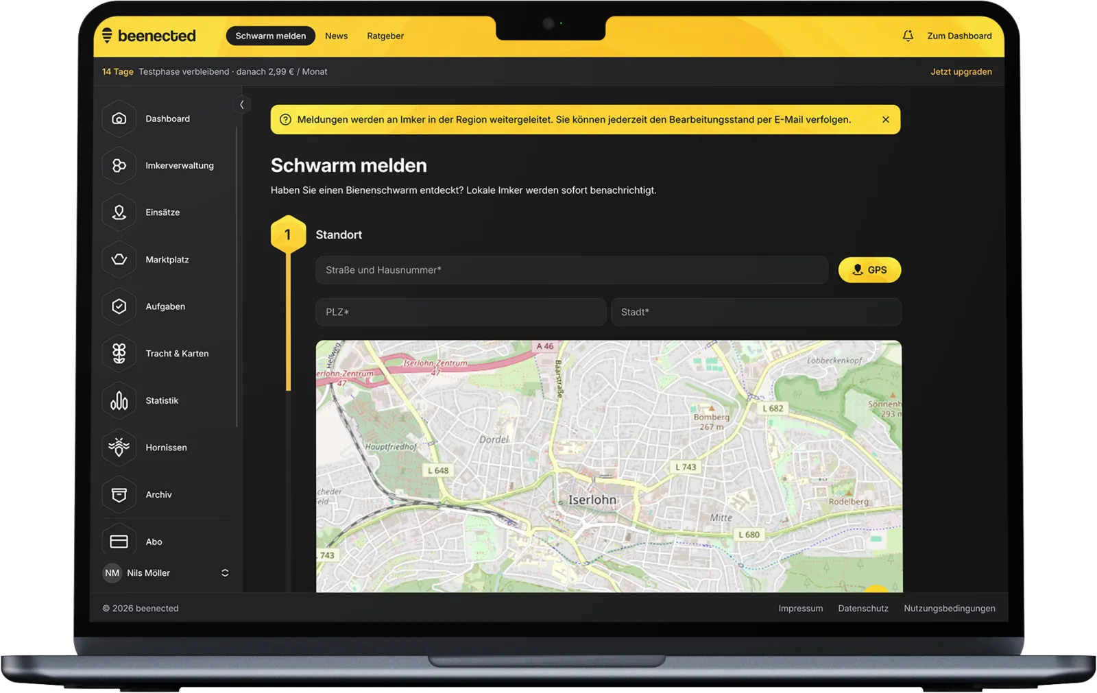 beenected im Browser: Schwarm-melden-Formular mit Standortkarte